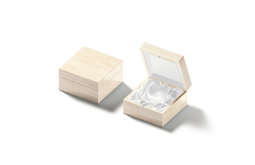 Blank wood opened and closed gift box with silk mockup