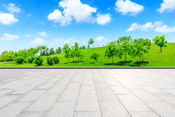 Empty square ground and green grass with tree under blue sky.