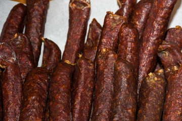 Sausages on Borough market in London.