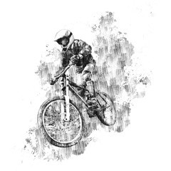 A helmeted cyclist on a downhill bike stands on the back wheel. Watercolor and pencil color illustration on a dark gray background.