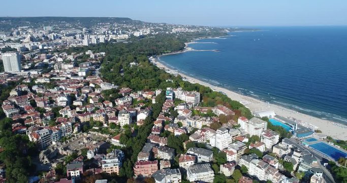 Beautiful cityscape over Varna city, Bulgaria. 4K panoramic aerial view. Varna is the sea capital of Bulgaria.