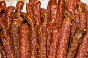 Sausages on Borough market in London.