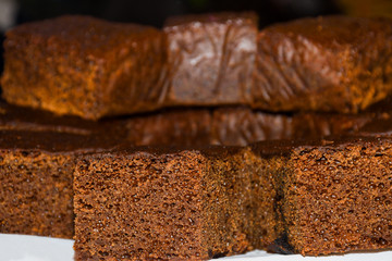 Brownie cake on tray in pastry or bakery shop