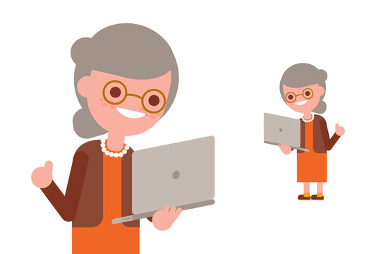 Senior people using laptop. Happy grandma with computer isolated on white background. Vector cartoon character illustration.