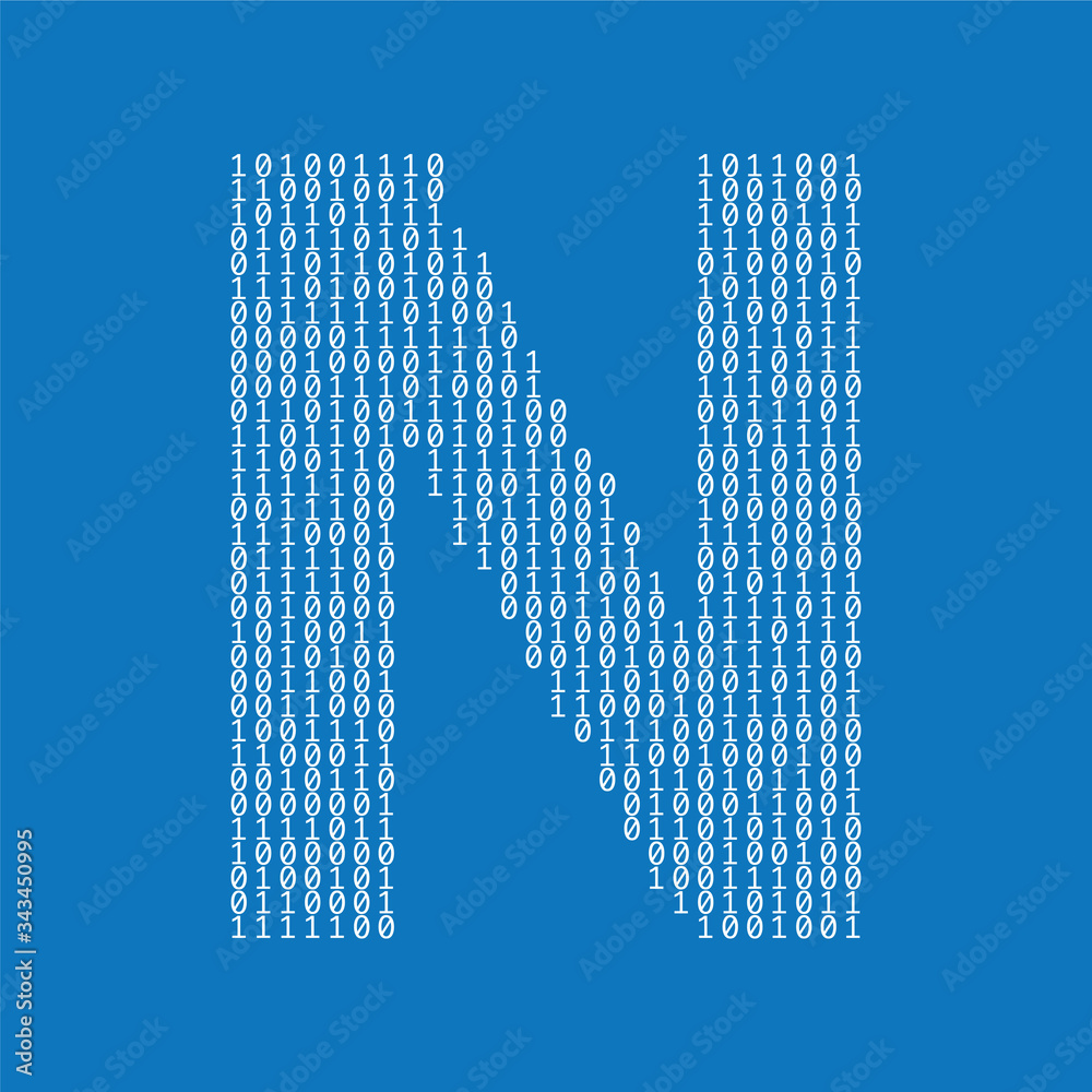 Poster Letter N made from binary code digits. Technology background