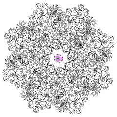 abstract monochrome pattern,  mandala of flower fragments, .isolated image on a white background.	