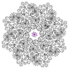 abstract monochrome pattern,  mandala of flower fragments, .isolated image on a white background.	