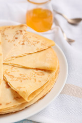 Tasty blini on table, closeup