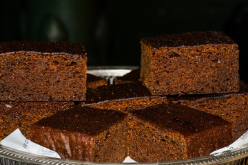 Brownie cake on tray in pastry or bakery shop