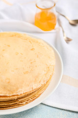 Tasty blini on table, closeup