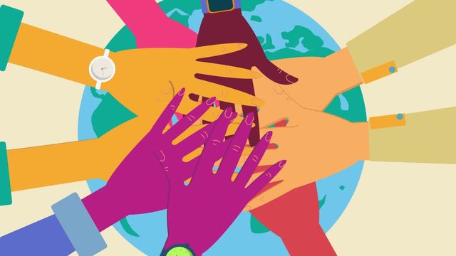 Stacking hands, friendship hands, stack of different people hands, intercultural communication, interethnic relations, politics of difference. Modern flat vector illustration.