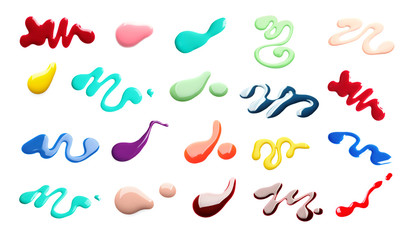 Set of different nail polishes on white background
