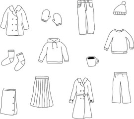 冬服の手描きイラストのセット／コート／ニット