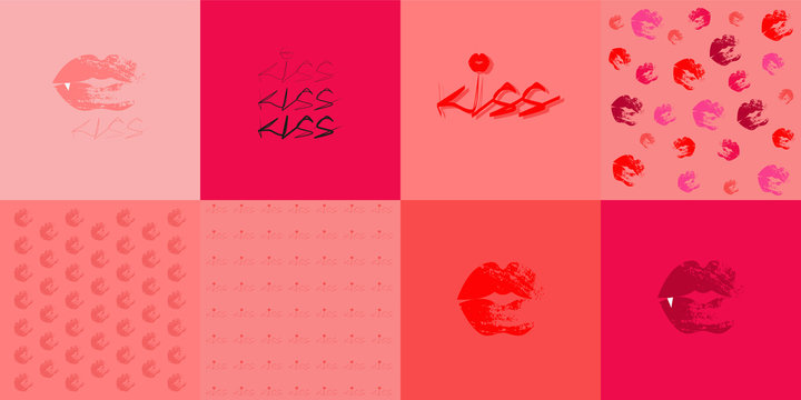 Fototapeta Ornament with inscriptions and kisses in red tones. Vector graphics. 