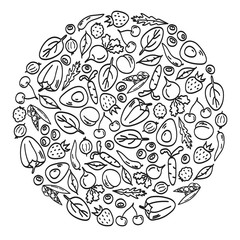 Round composition of healthy, vegetarian, vegan products. Outline vegetables, fruits, berries in doodle style. Design element for packaging, eco bags, dishes, websites, emblems, shops, fabrics,textile