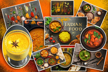 Collage of various traditional indian food. A collection of Indian dishes. Top view, flat lay.
