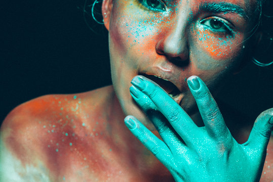 Woman Body Art Face With Blue Hand And Hair Close Up Face Emotional Abstract Female Beauty Portrait