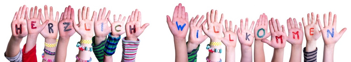 Children Hands Building Colorful German Word Herzlich Willkommen Means Welcome. White Isolated...