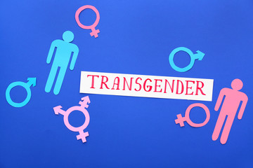 Human figures with symbols of man, woman and transgender on color background