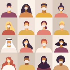Young, adults, men and women of different nationalities in medical masks. Protection for people against dust viruses and polluted atmosphere. Set of cartoon characters. Vector in flat design