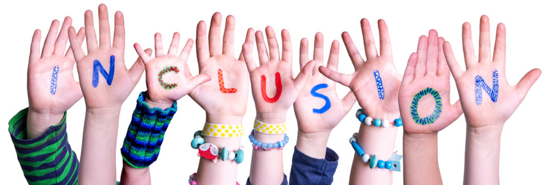 Children Hands Building Colorful Word Inclusion. White Isolated Background