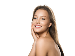 Beautiful teeth smile woman face skin care concept natural make up isolated on white cosmetic female portrait