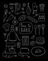 Kitchen tools and ingredients set. Vector illustrations cooking and bakery theme. Hand drawn kitchen equipment and food
