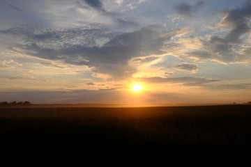 Beautiful sunset in the field. Cloudy sky. Landscape.