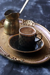 Turkish coffee on a wooden tray