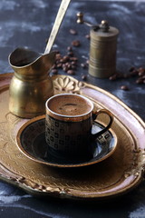 Turkish coffee on a wooden tray