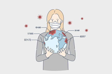 Report, biohazard, coronavirus, danger concept. Young woman cartoon character in medical face mask holding planet earth in hands. COVID19 desease and 2019ncov infection live data statistics vector.