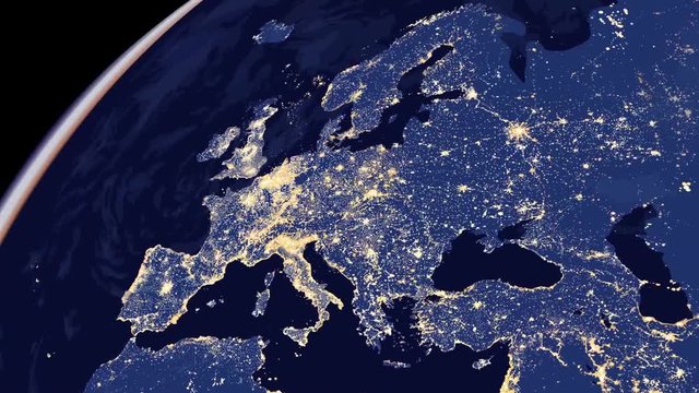 Europe city lights map from space animation