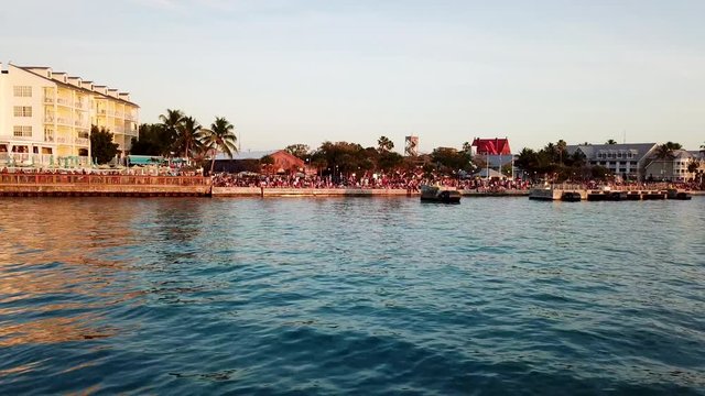 Beautiful 4K aerial drone shot of Mallory Square in Key West, Florida during sunset