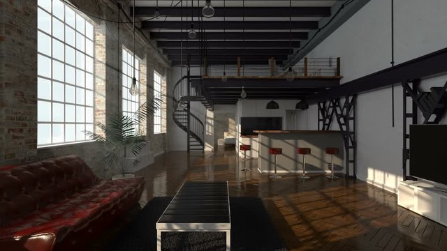 Modern interior, loft. Nice design of an old warehouse, a mezzanine flat. Old wooden floor and modern furniture. A flat for young people. High quality architectural visualization of the interior.