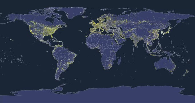 world city lights map animation with silhouettes of continents and country borders