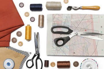 Set of different sewing items isolated on white background