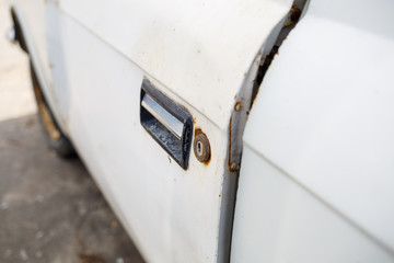 old car, rusty broken body, abandoned parking