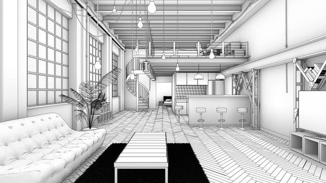 Technical drawing. Modern interior, loft. Nice design of an old warehouse, a mezzanine flat. Old wooden floor and modern furniture. A flat for young people. High quality architectural visualization of