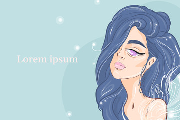 Hand-drawn young beautiful girl with makeup and unusual blue hair. Fashion illustration of a stylish look. Vector for design t-shirts typography cards and posters.