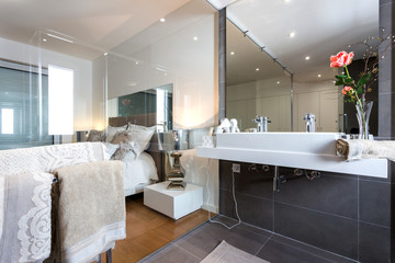 Trendy bathroom with a bedroom, with modern finishes and decoration.