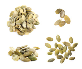 Set of raw pumpkin seeds on white background
