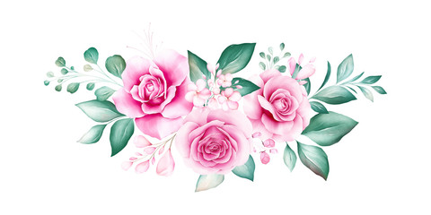 Watercolor flowers bouquet. Floral illustration, leaf and buds arrangement. Botanic composition design for wedding, greeting card isolated white background