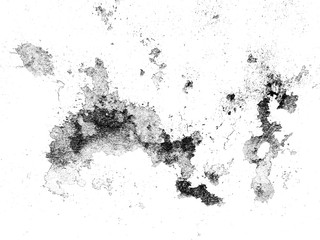 Abstract grunge background of dirty black stain texture look like world map isolated on white wall. Exterior damaged plaster & peeling cement effect with dark gray color for wallpaper or backdrop  
