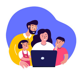 Happy Smiling Family Together Online in Laptop.Young Adult Woman,Man,Mother,Father.Children Kids Daughter and Son.Caring,Loving Dad and Mom Surfing the Internet.Household Life.Flat Vector Illustration