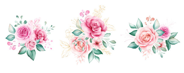 Aquarell Blumen Blumenstrauß-Set. Blumenillustration, Blatt- und Knospenanordnung. Botanisches Kompositionsdesign für Hochzeit, Grußkarte isoliert weißer Hintergrund