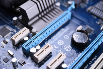 Computer motherboard and electronical components cpu gpu memory and different sockets for video...
