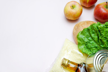 different healthy food products on white background. Top view. Flat lay , copy space