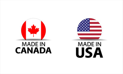 Set of two Canadian and United States of America stickers. Made in Canada and Made in USA. Simple icons with flags isolated on a white background