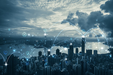 City scape with connecting dots for networking and communication, Hong Kong cityscape