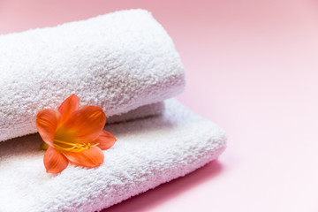 Fototapeta na wymiar white towels and a clivia flower on a pink background, spa treatment